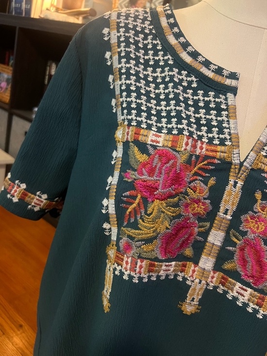 entro Tops - entro Teal Embroidered Floral Peasant Blouse with Pink Accents